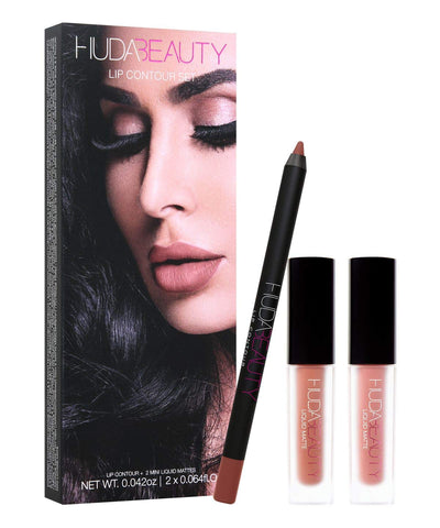 Huda Beauty Vixen & Famous Lip Contour Gift Set 2 x 1.9ml Liquid Lipsticks + 1.2g Lip Liner