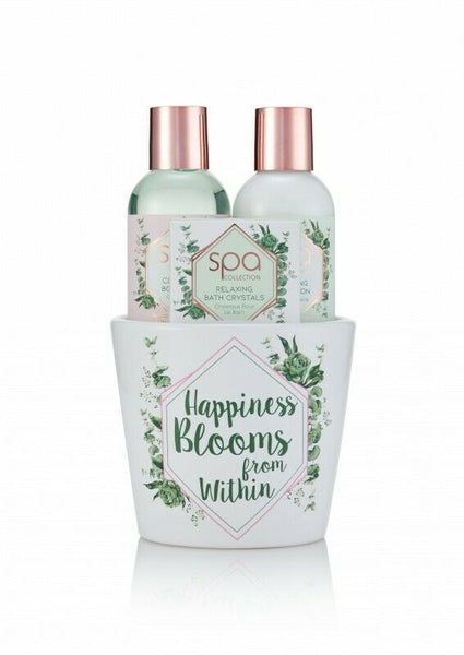 Style & Grace Spa Botanique Pamper Pot Gift Set Eco Packaging 100ml Body Wash + 100ml Body Lotion + 50g Bath Crystals + Ceramic Pot